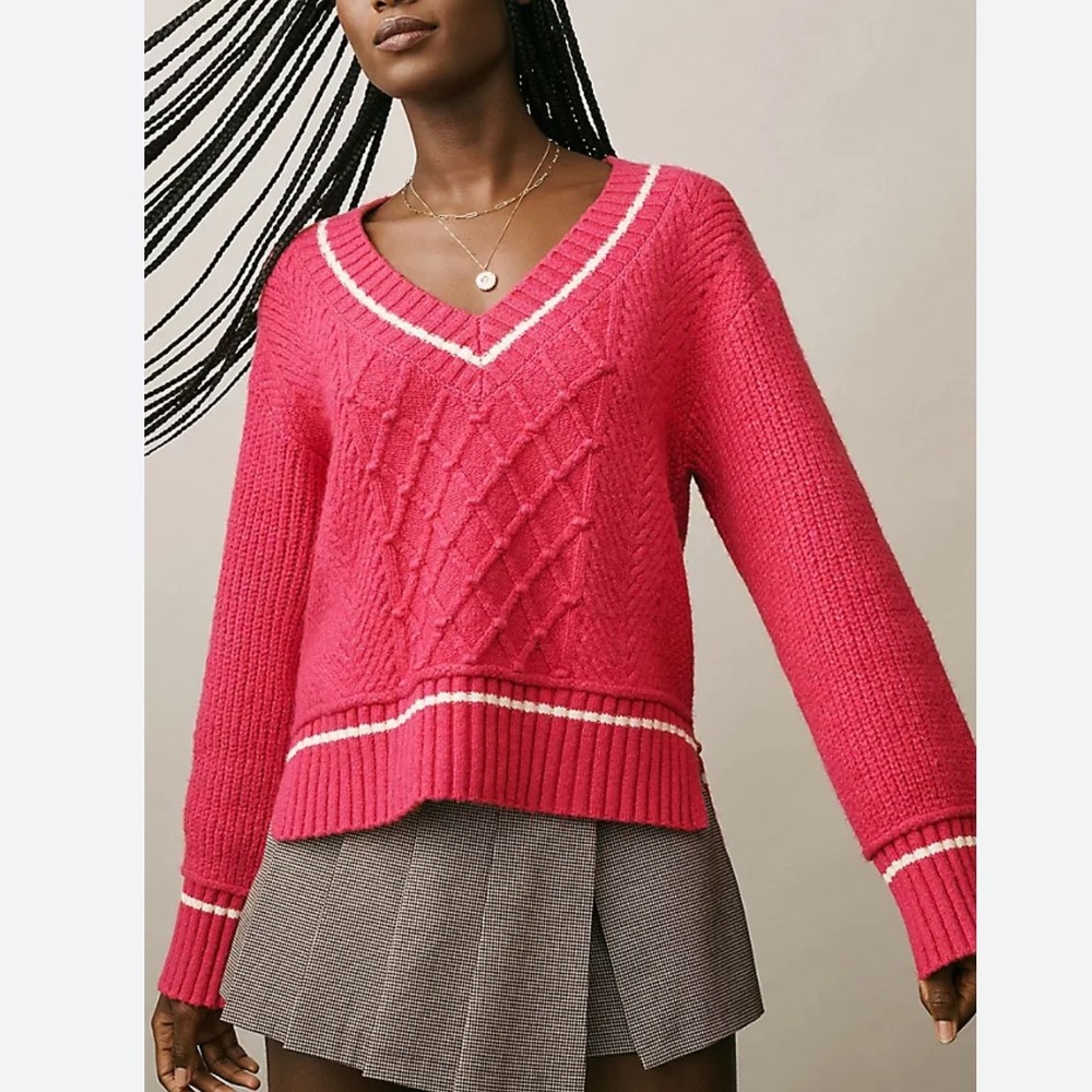 Maeve Anthropologie Tilly Pink Cable‎ Knit Varsity V-Neck Sweater XS